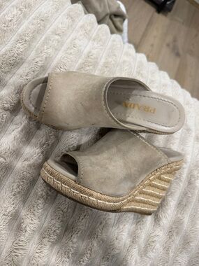 Prada Taupe Suede Espadrille Wedge Slide Sandals